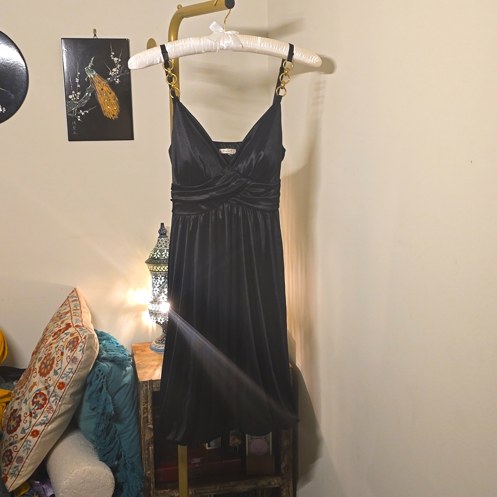 Little Black Satin Dress With Bubble Hem Skirt And Chain Strap Detail